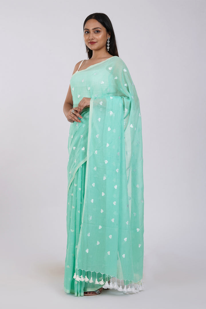 Teejh Chahna Sea Green and White Mul Cotton Heart Embroidery Saree