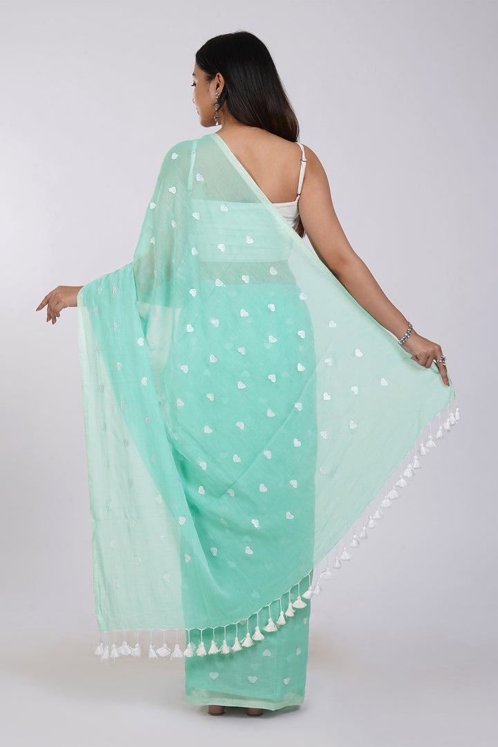 Teejh Chahna Sea Green and White Mul Cotton Heart Embroidery Saree