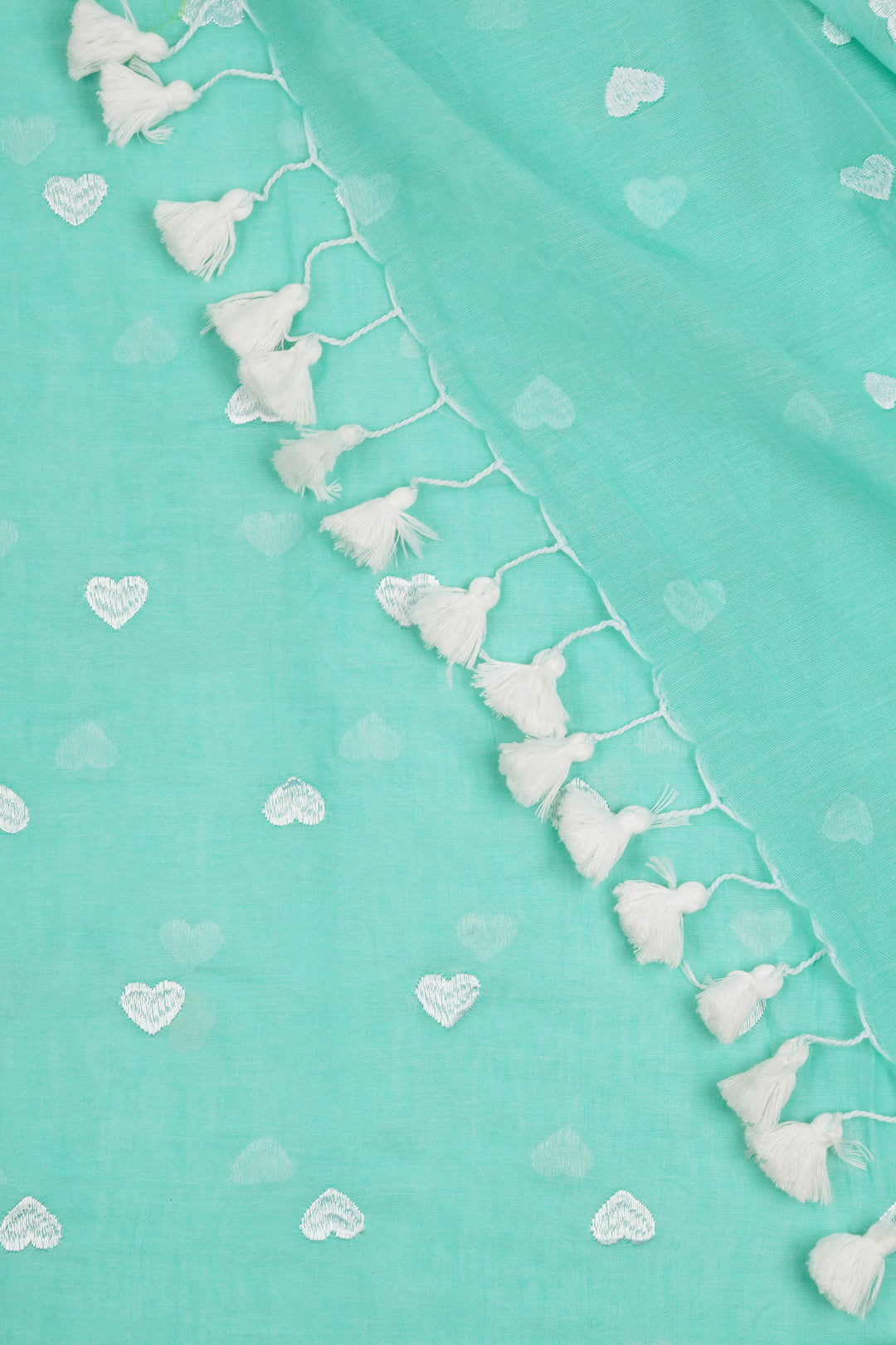 Teejh Chahna Sea Green and White Mul Cotton Heart Embroidery Saree