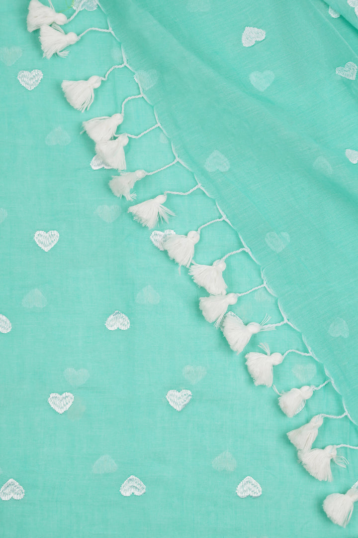 Teejh Chahna Sea Green and White Mul Cotton Heart Embroidery Saree