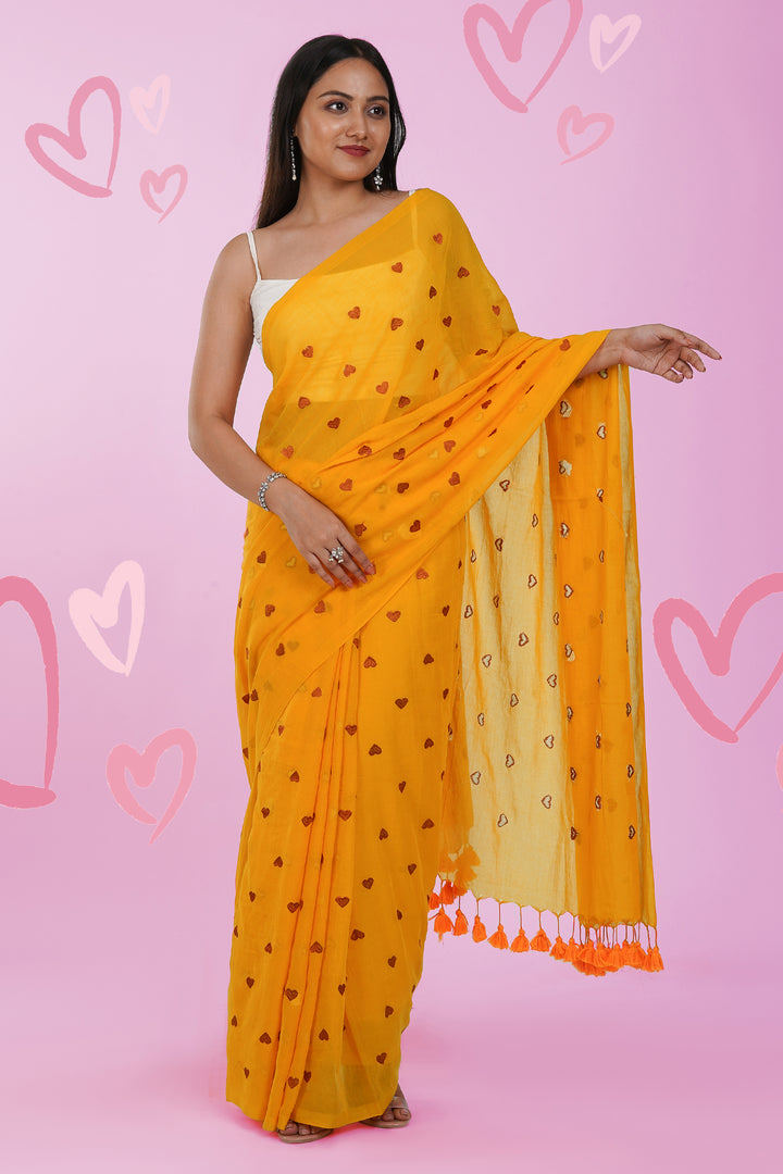 Teejh Chahna Yellow and Brown Mul Cotton Heart Embroidery Saree