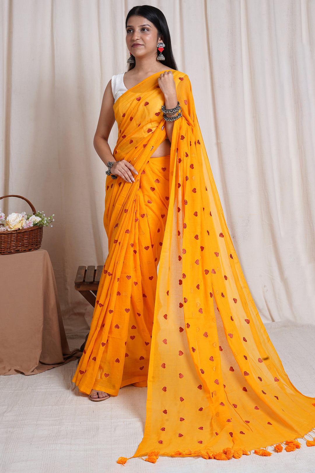 Teejh Chahna Yellow and Brown Mul Cotton Heart Embroidery Saree