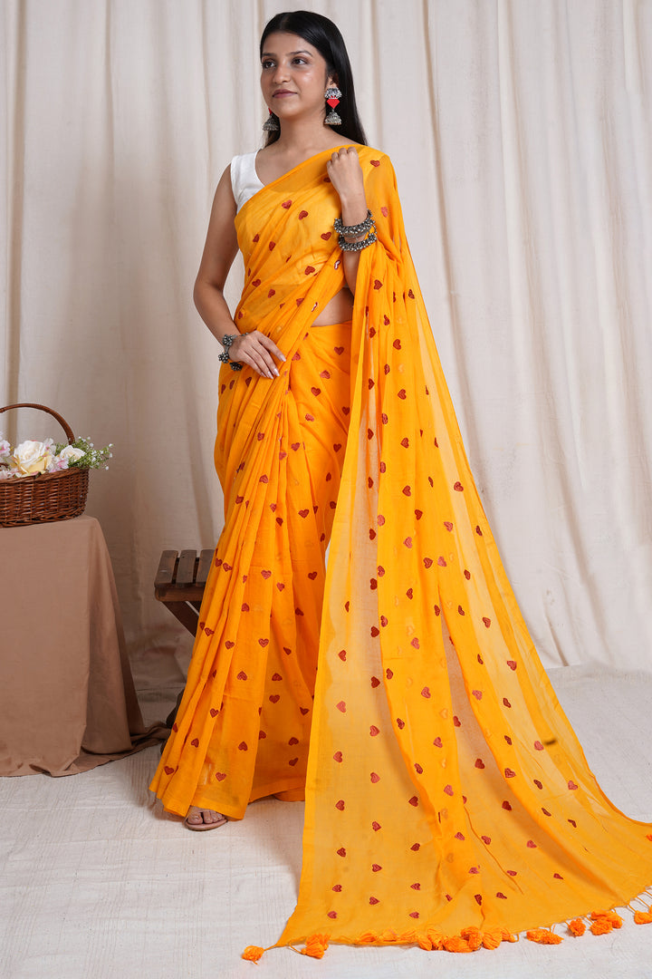 Teejh Chahna Yellow and Brown Mul Cotton Heart Embroidery Saree