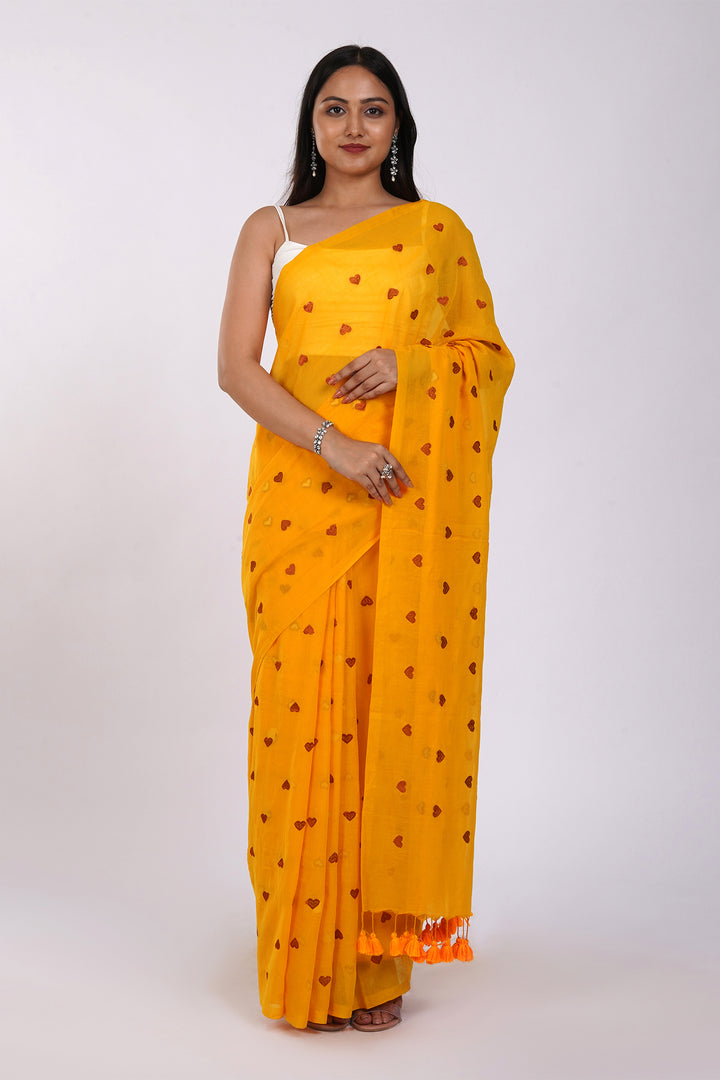 Teejh Chahna Yellow and Brown Mul Cotton Heart Embroidery Saree