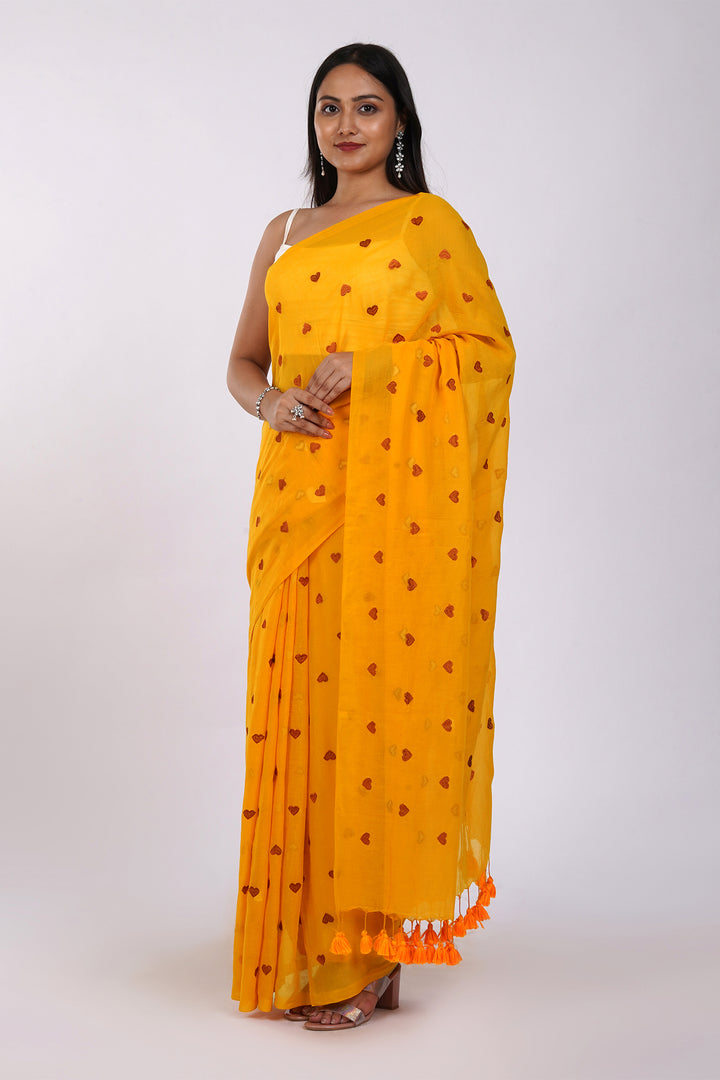 Teejh Chahna Yellow and Brown Mul Cotton Heart Embroidery Saree