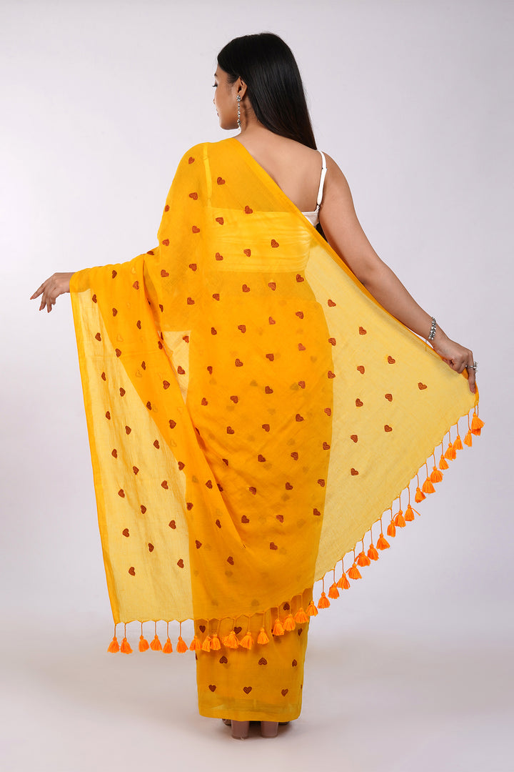 Teejh Chahna Yellow and Brown Mul Cotton Heart Embroidery Saree