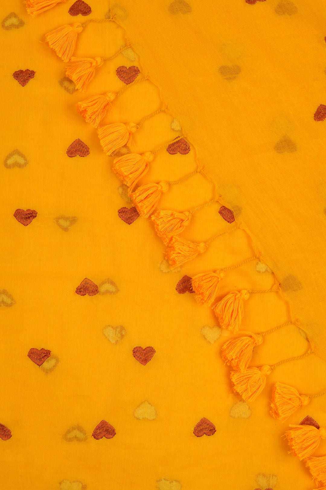 Teejh Chahna Yellow and Brown Mul Cotton Heart Embroidery Saree