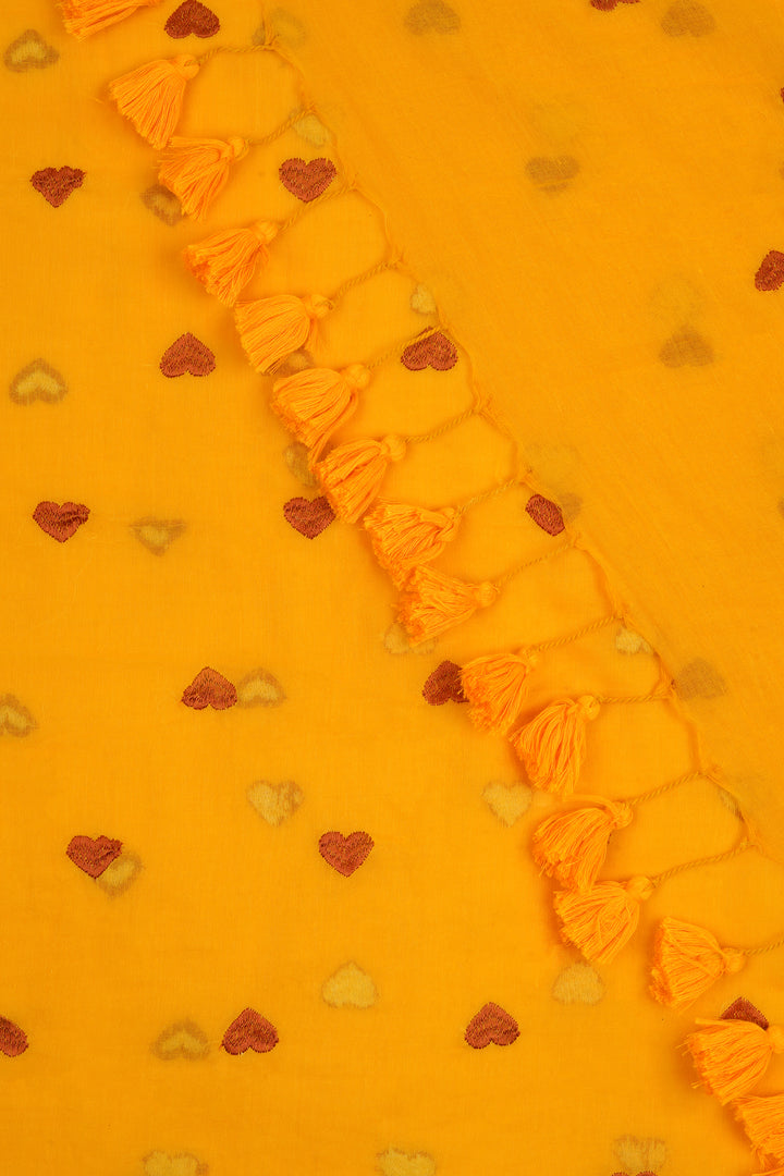 Teejh Chahna Yellow and Brown Mul Cotton Heart Embroidery Saree