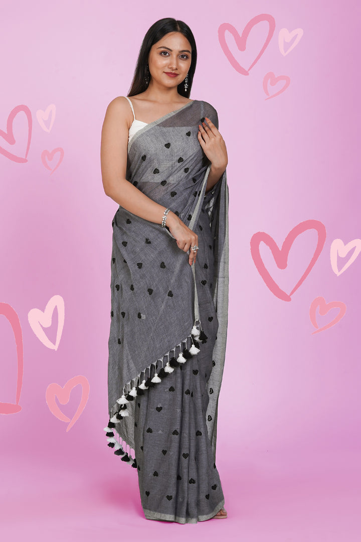 Teejh Chahna Grey and Black Mul Cotton Heart Embroidery Saree