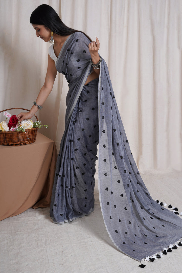 Teejh Chahna Grey and Black Mul Cotton Heart Embroidery Saree