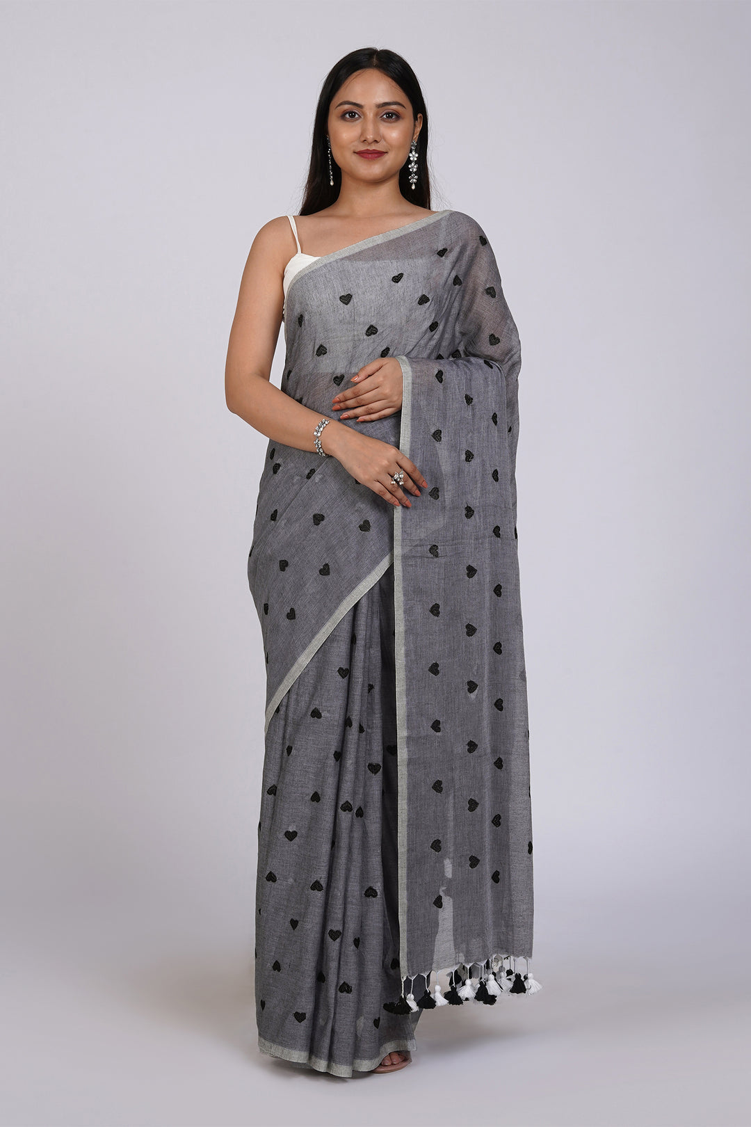 Teejh Chahna Grey and Black Mul Cotton Heart Embroidery Saree