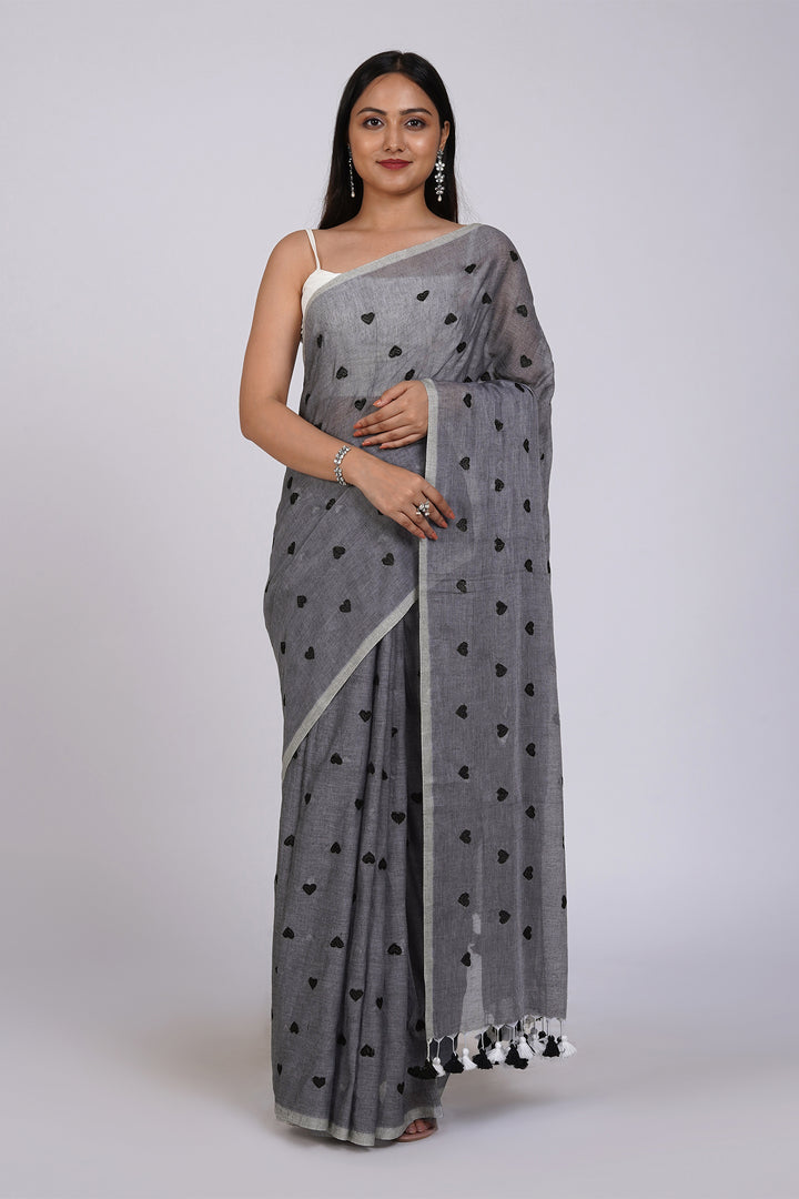 Teejh Chahna Grey and Black Mul Cotton Heart Embroidery Saree