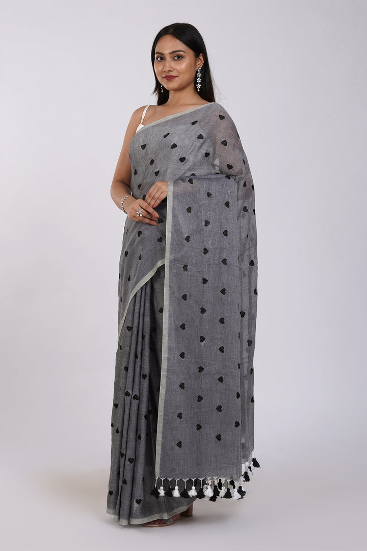 Teejh Chahna Grey and Black Mul Cotton Heart Embroidery Saree