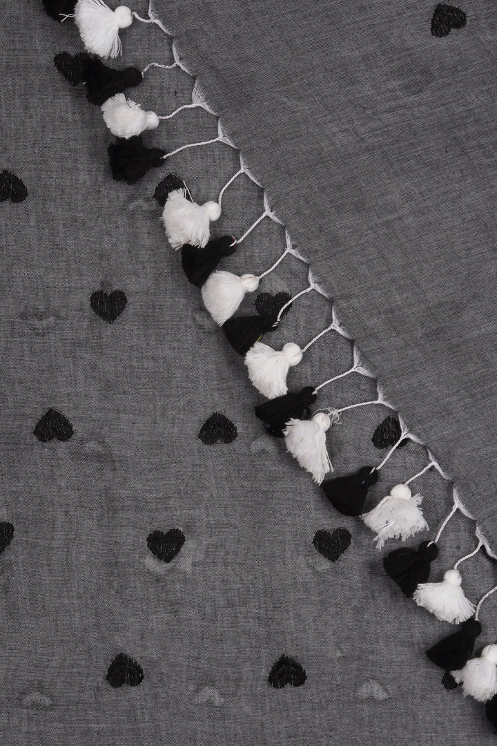 Teejh Chahna Grey and Black Mul Cotton Heart Embroidery Saree