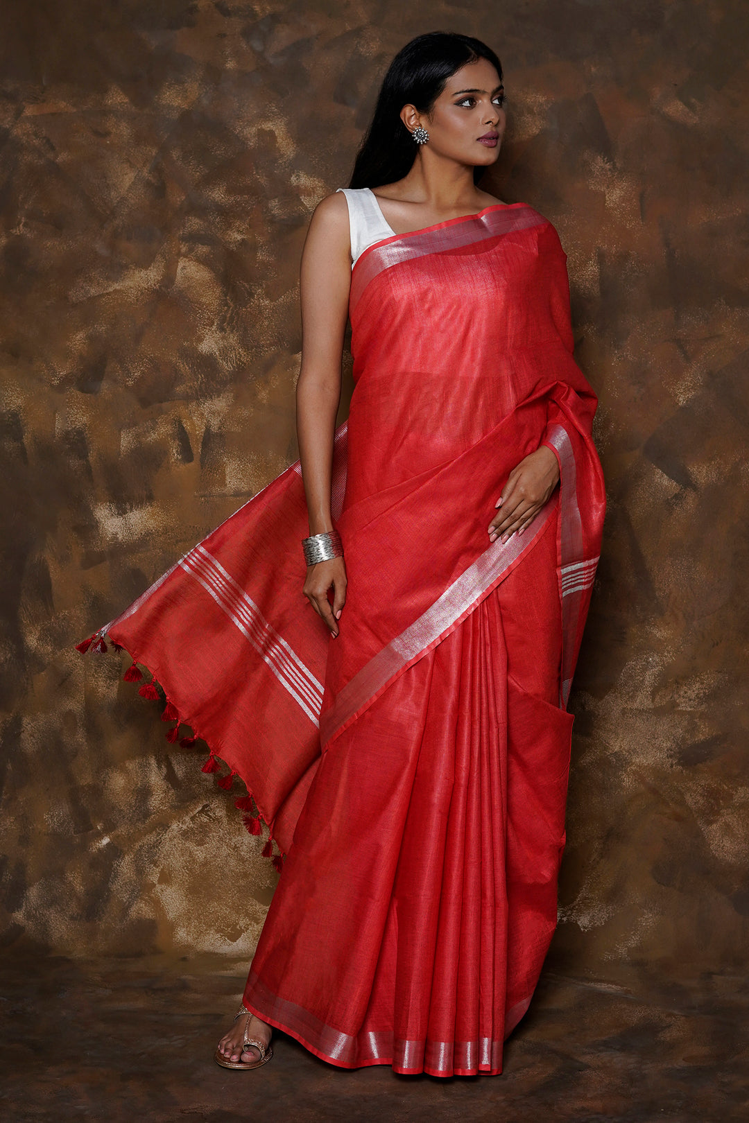 Teejh Kaya Red Zari Linen Saree
