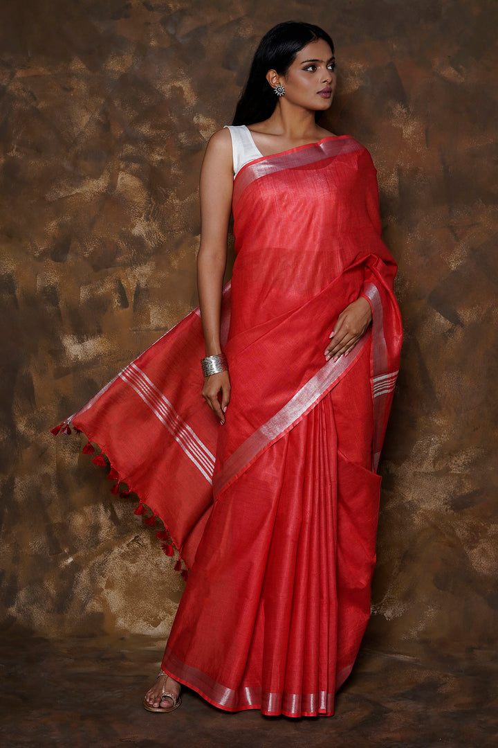 Teejh Kaya Red Zari Linen Saree