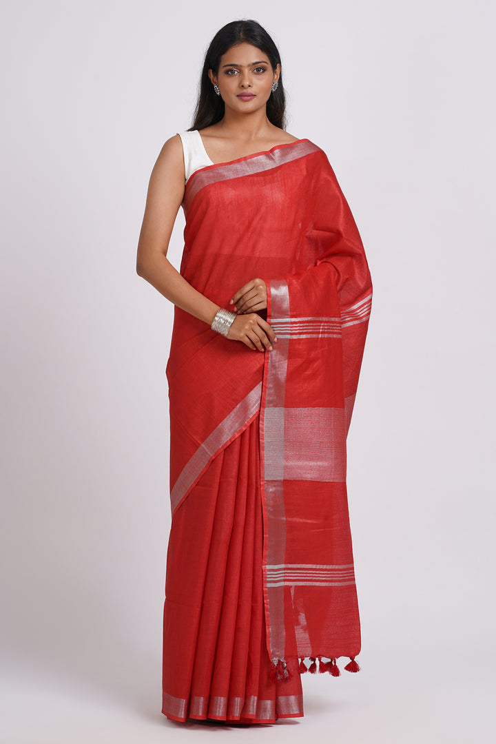 Teejh Kaya Red Zari Linen Saree