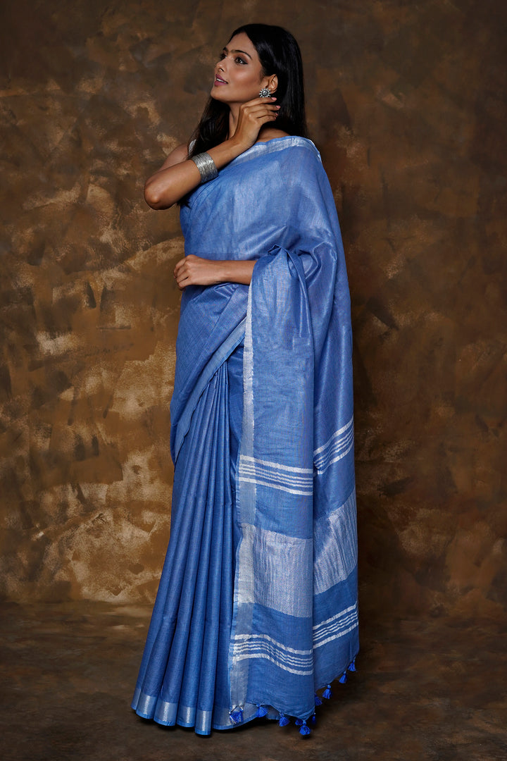 Teejh Kaya Blue Zari Linen Saree