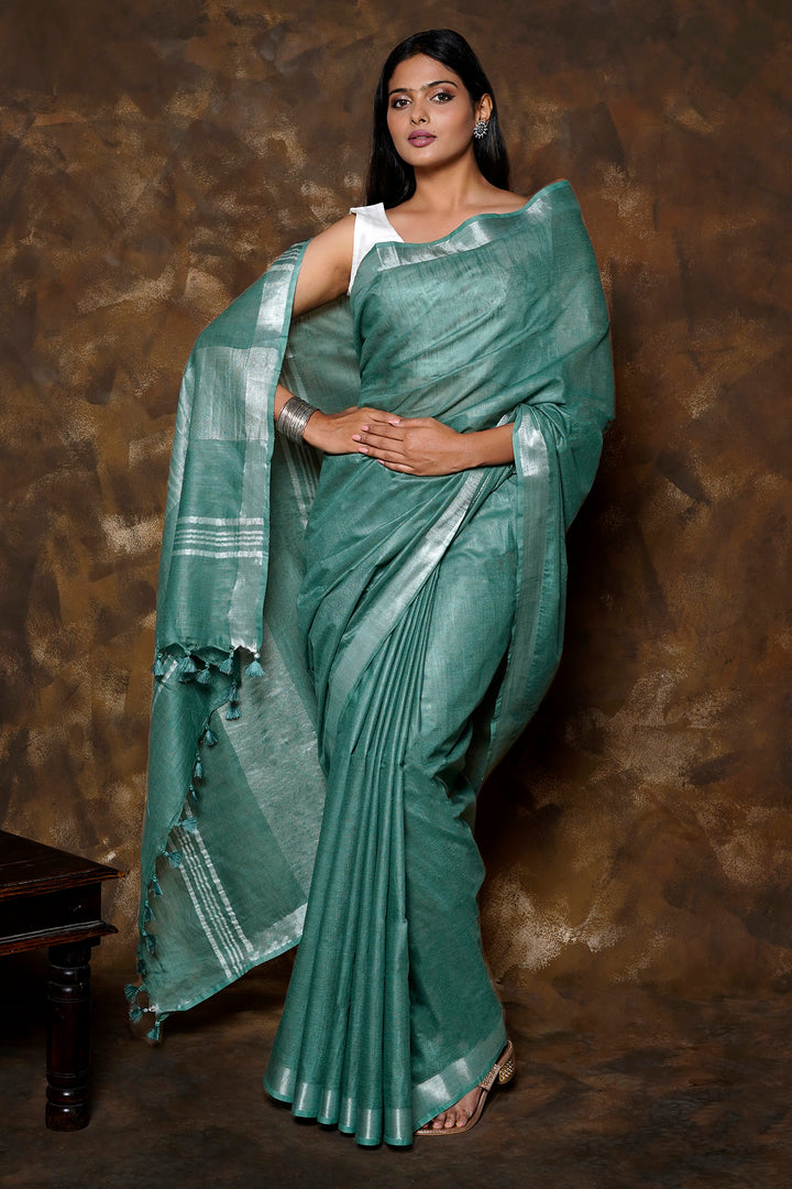 Teejh Kaya Dark Green Zari Linen Saree