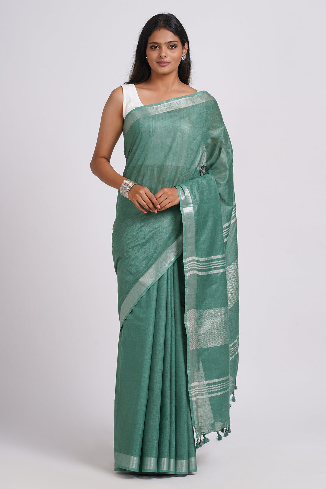 Teejh Kaya Dark Green Zari Linen Saree