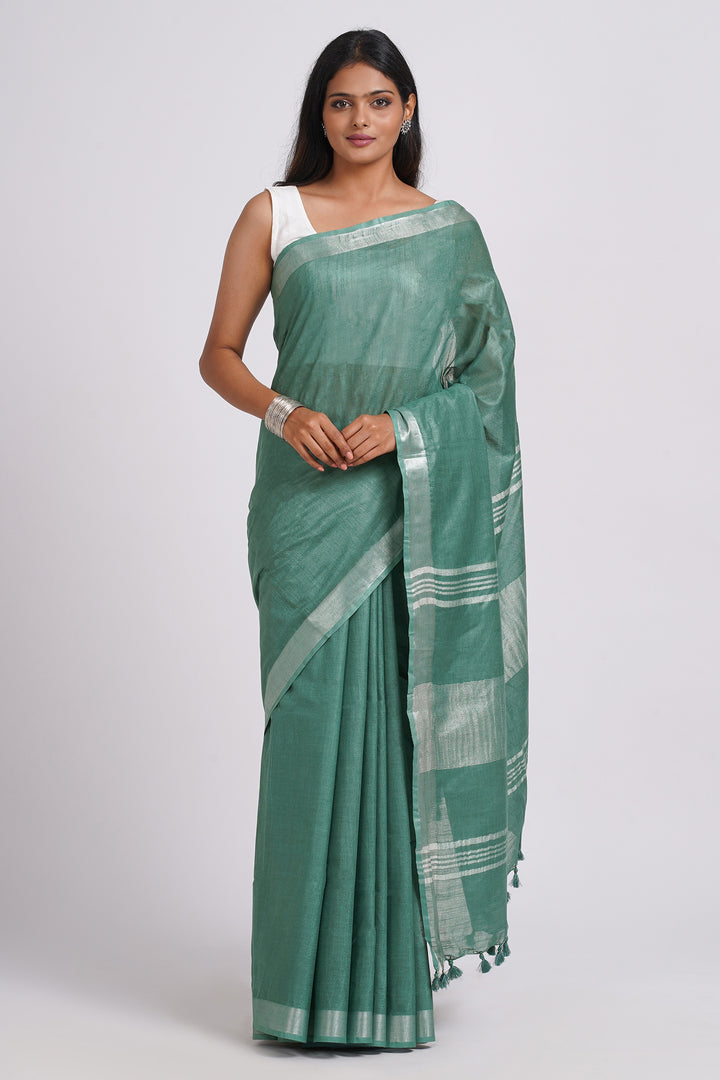 Teejh Kaya Dark Green Zari Linen Saree