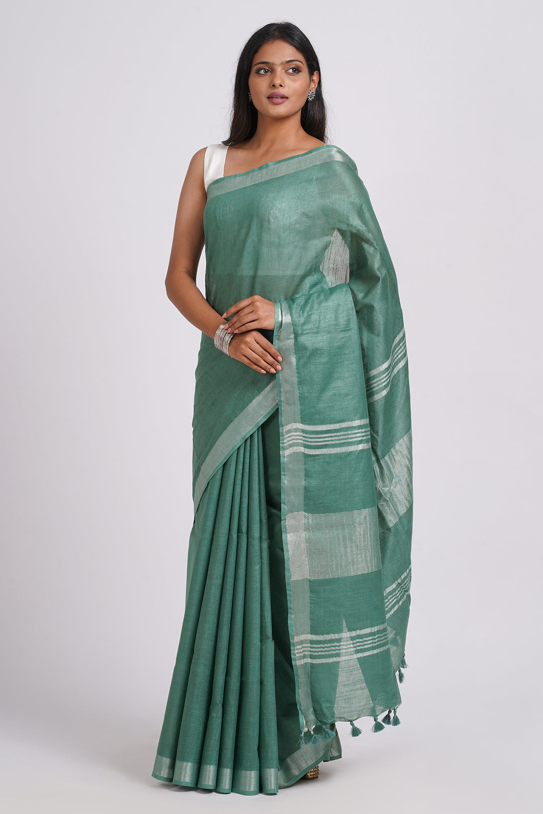 Teejh Kaya Dark Green Zari Linen Saree