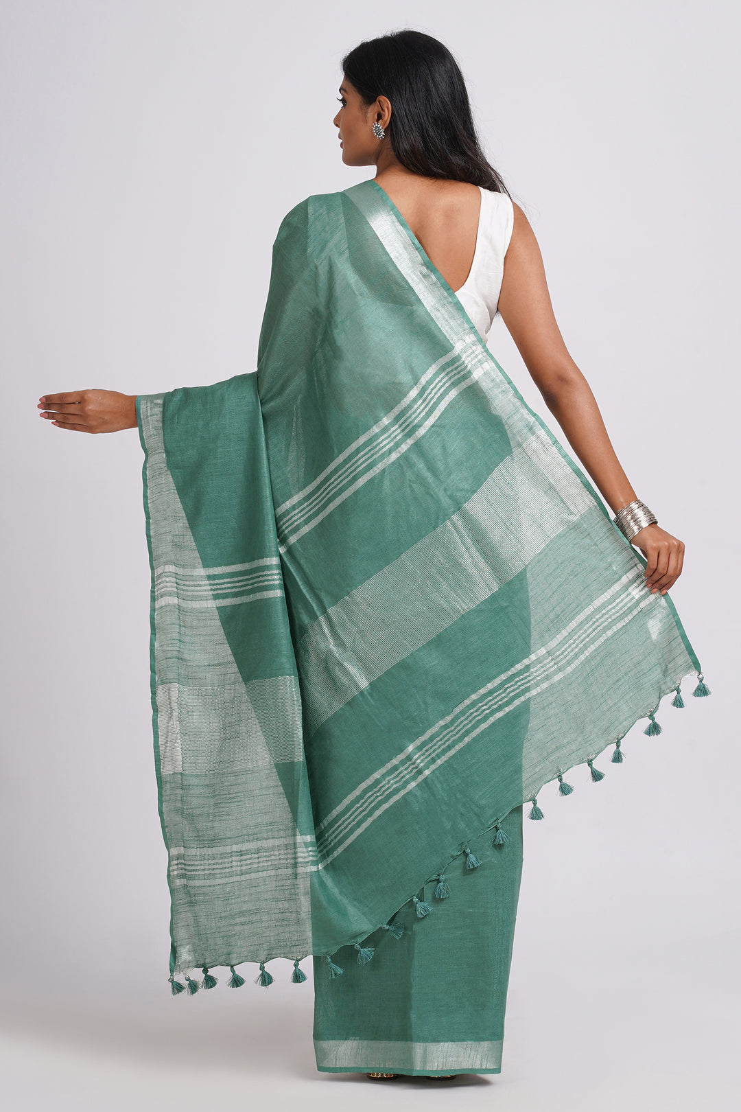 Teejh Kaya Dark Green Zari Linen Saree