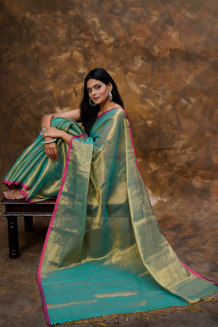 Teejh Idayini Turquoise Organic Tissue Silk Saree