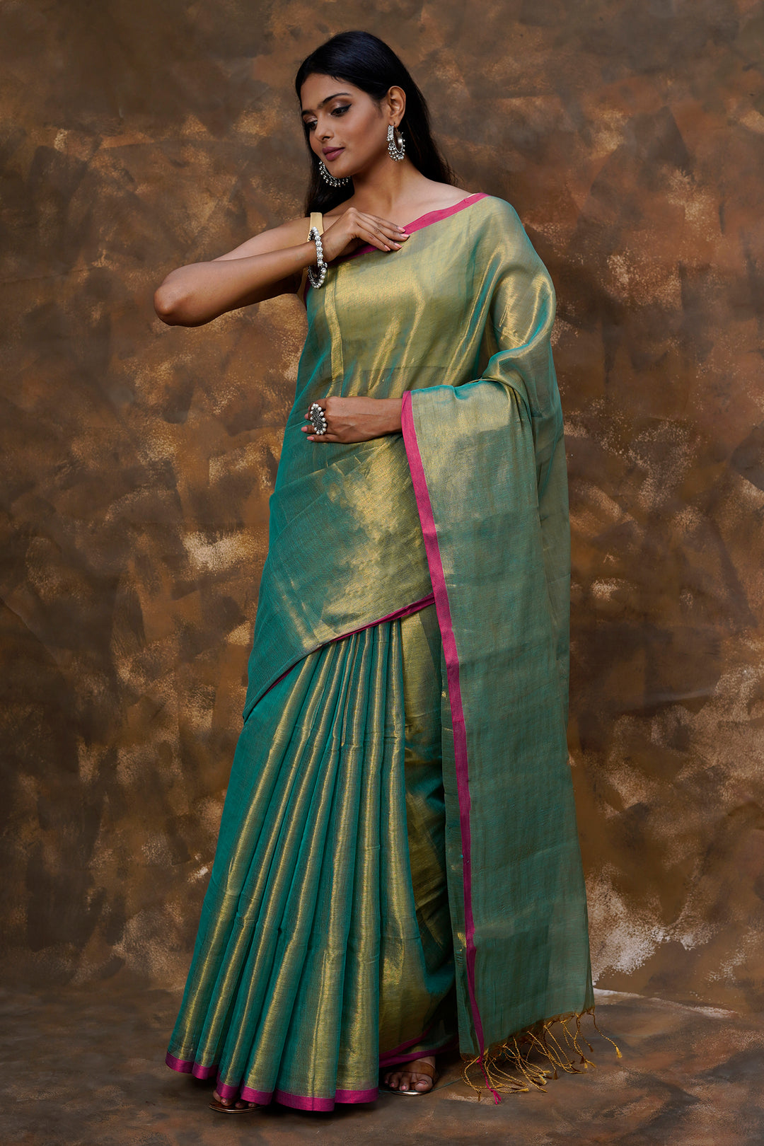 Teejh Idayini Turquoise Organic Tissue Silk Saree