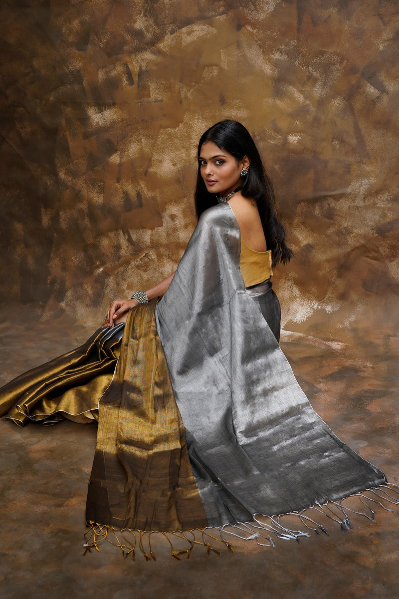 Silver gold  plain Khadi tissue saree main image 0