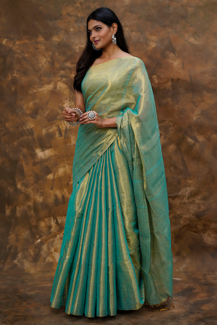 Teejh Trishika Peacock Green Tissue Saree