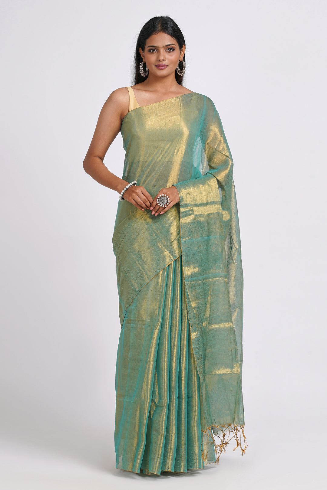 Teejh Trishika Peacock Green Tissue Saree