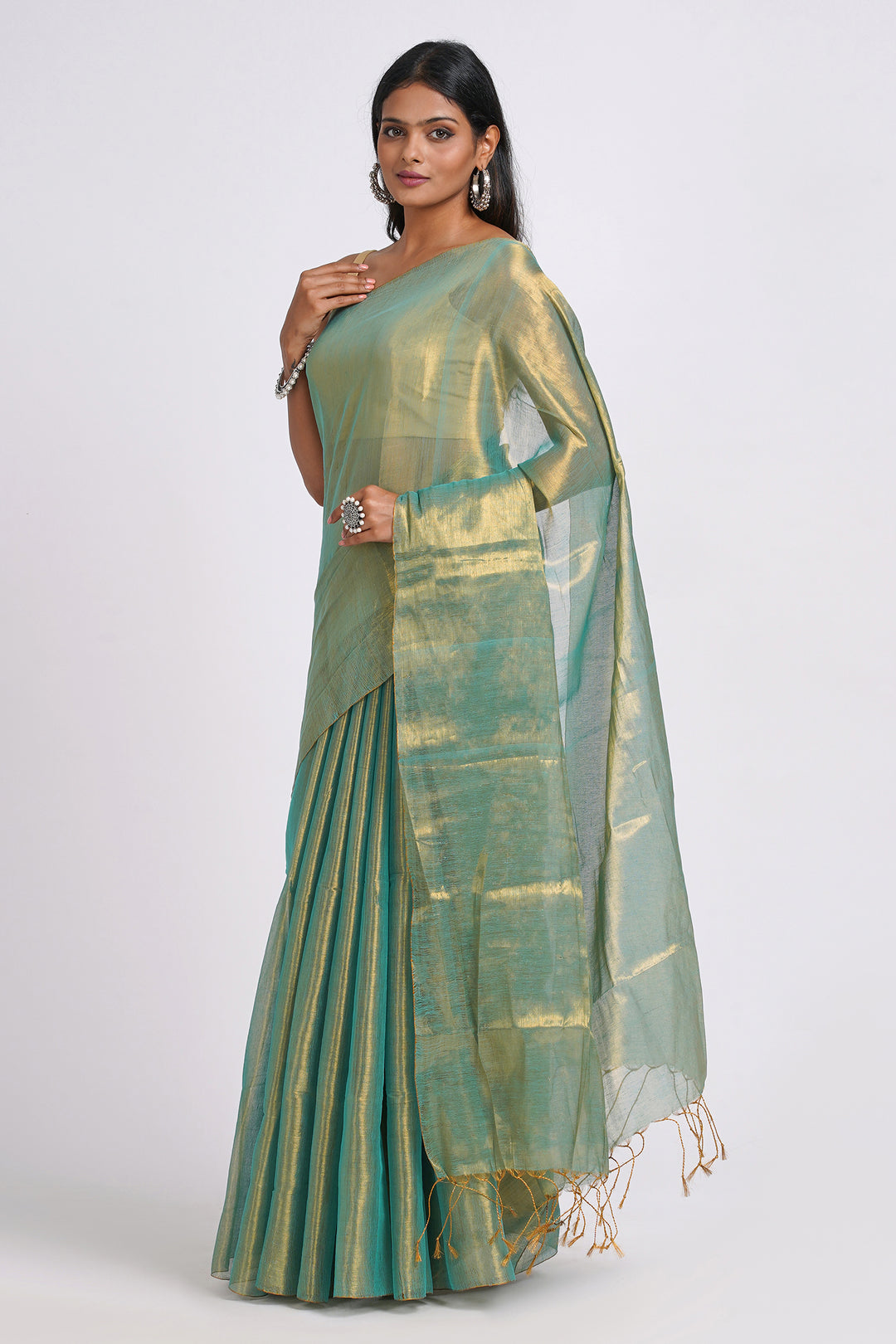 Teejh Trishika Peacock Green Tissue Saree