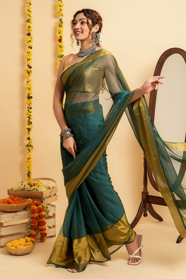 Teejh Sanah Persian Green Chiffon Ready to Drape Saree
