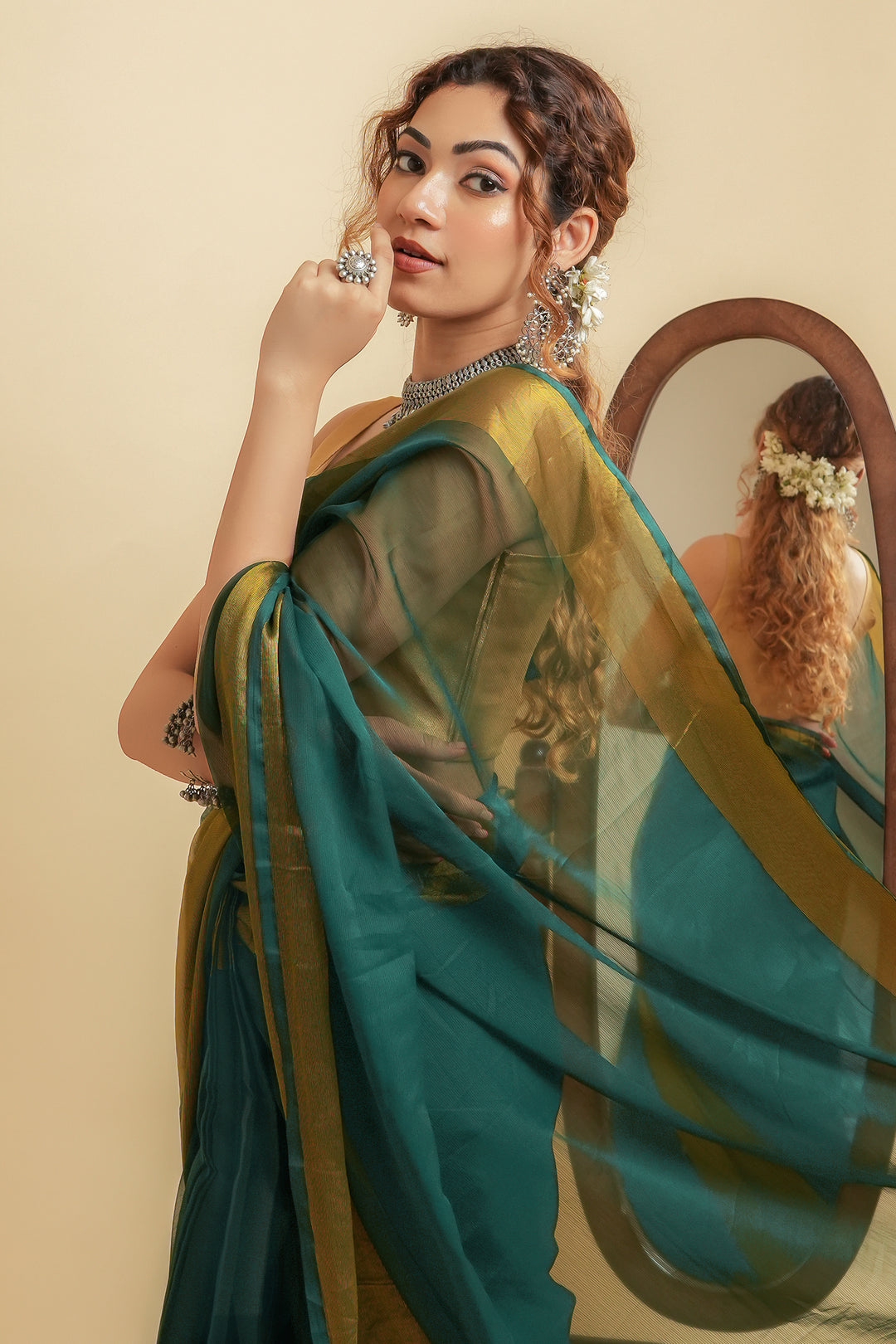 Teejh Sanah Persian Green Chiffon Ready to Drape Saree