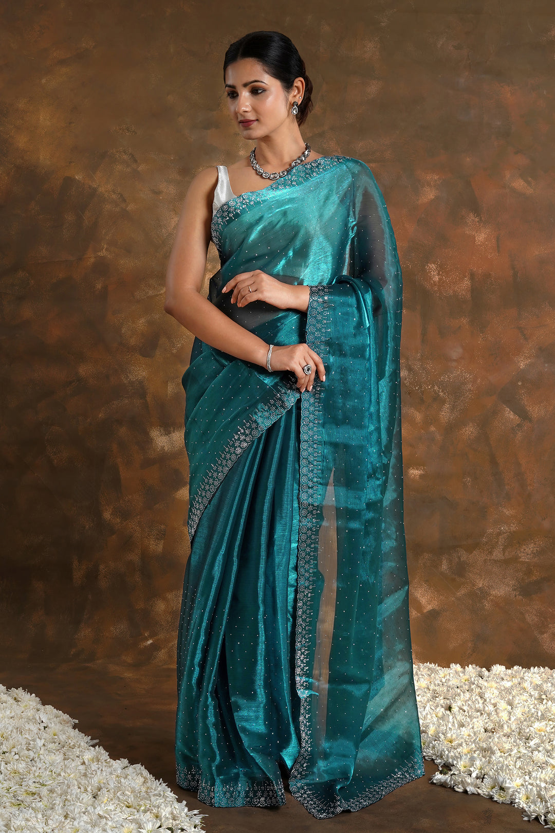 Teejh Aquamarine Tissue Charm Saree