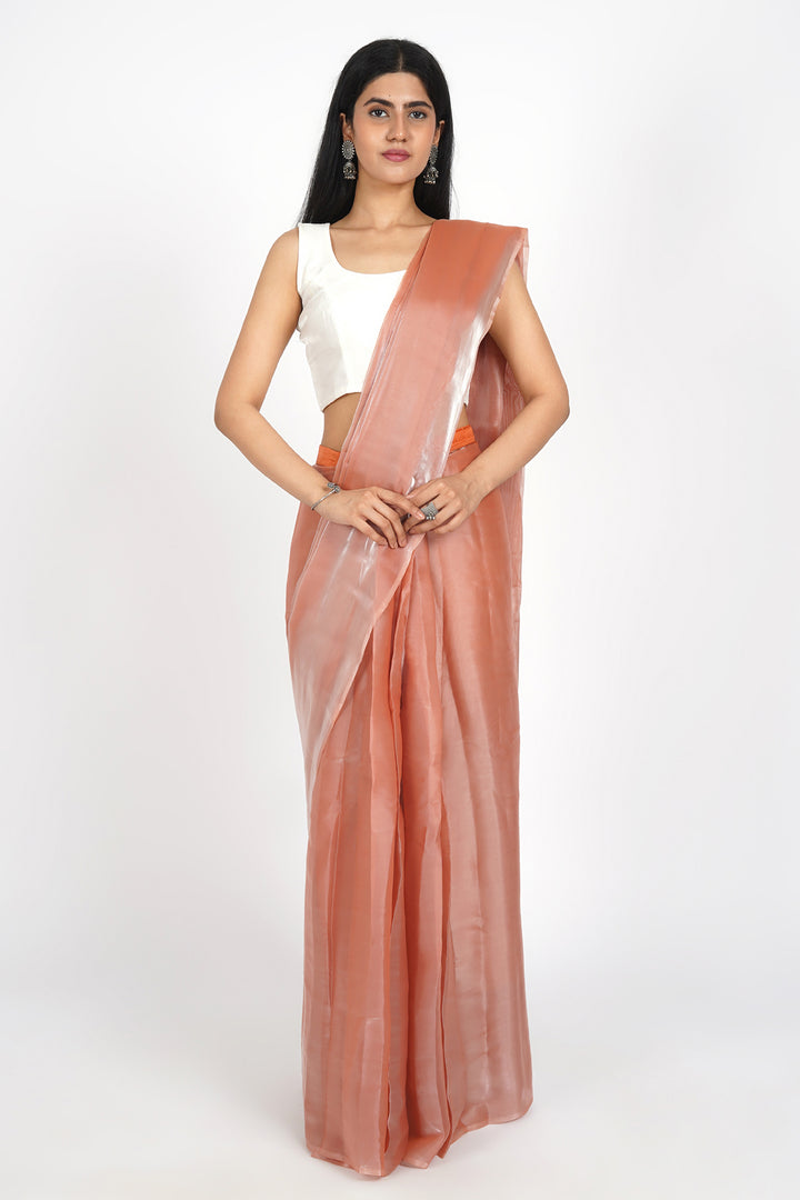 Teejh Salmon Pink Tissue Pre-Draped Saree