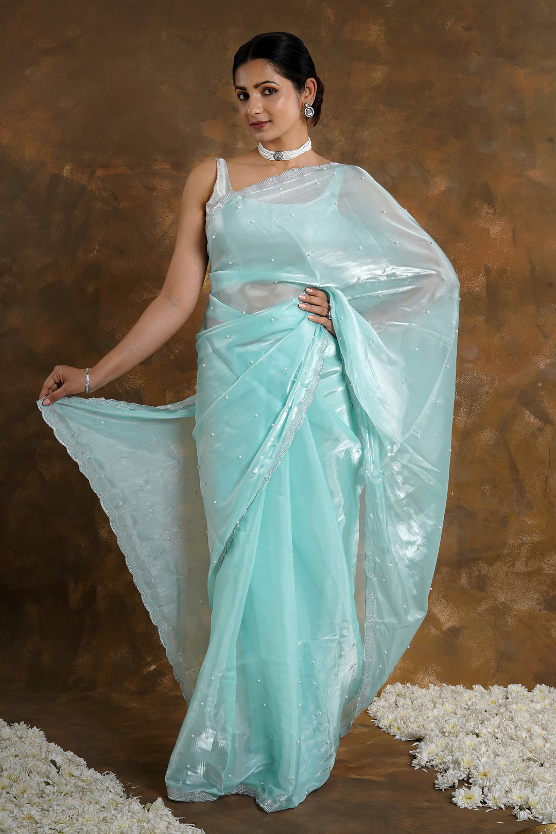Teejh Morning Dew Pearl Tissue Saree