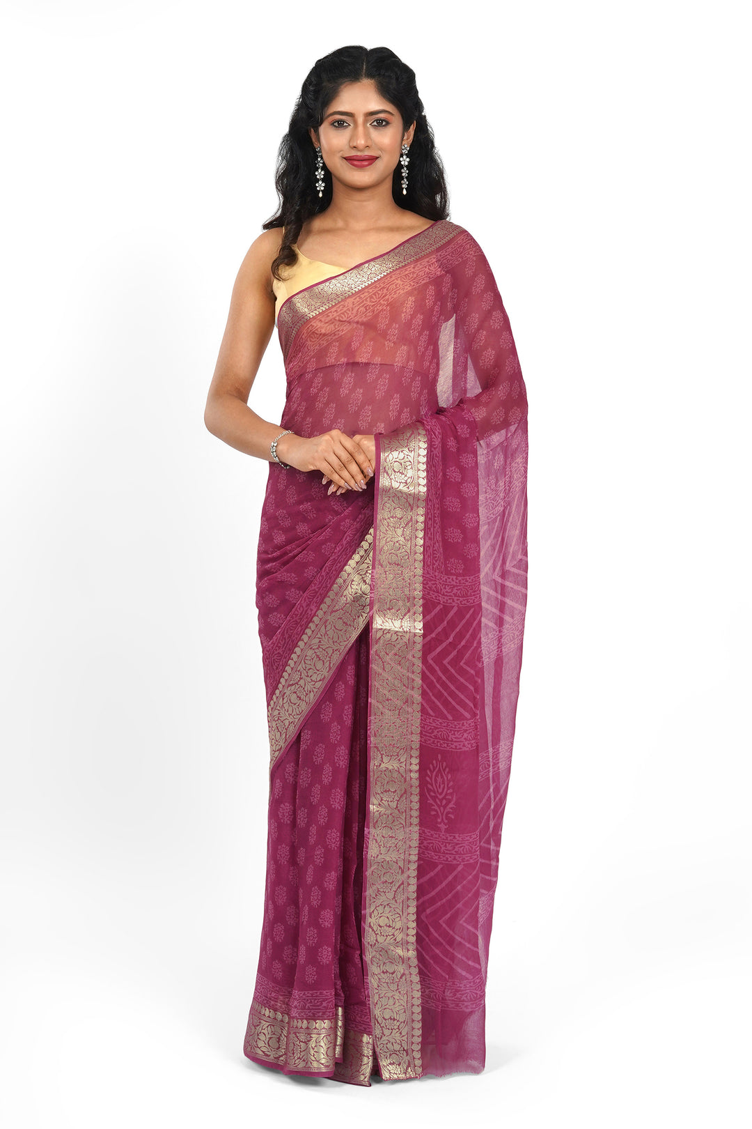 Crimson Cascade Block Print Chiffon Saree
