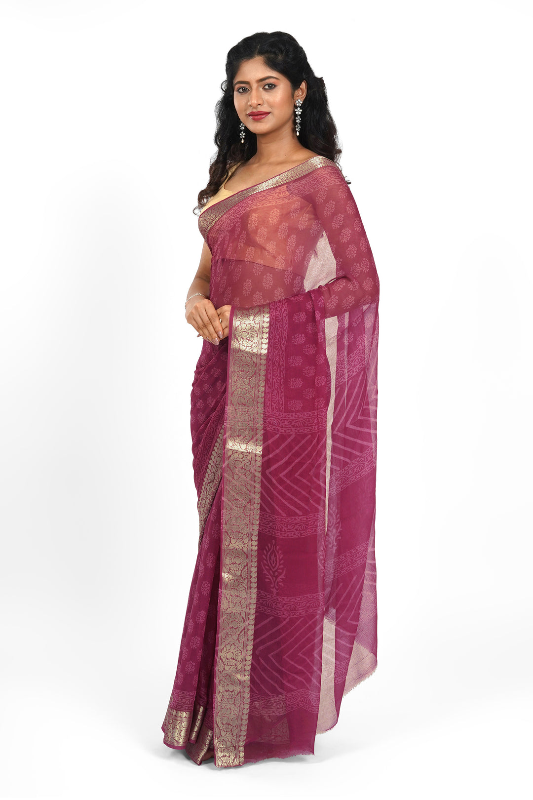 Crimson Cascade Block Print Chiffon Saree