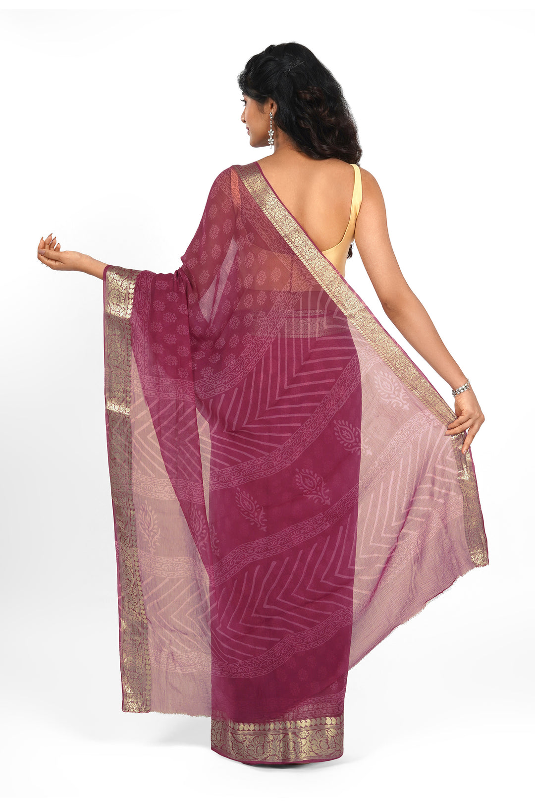 Crimson Cascade Block Print Chiffon Saree