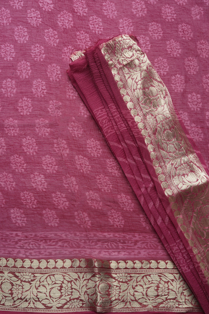 Crimson Cascade Block Print Chiffon Saree