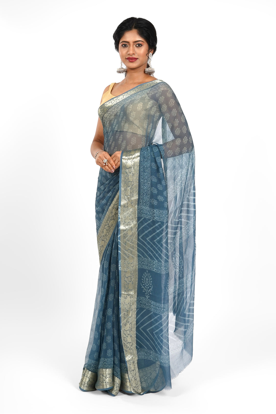 Indigo Dream Block Print Chiffon Saree