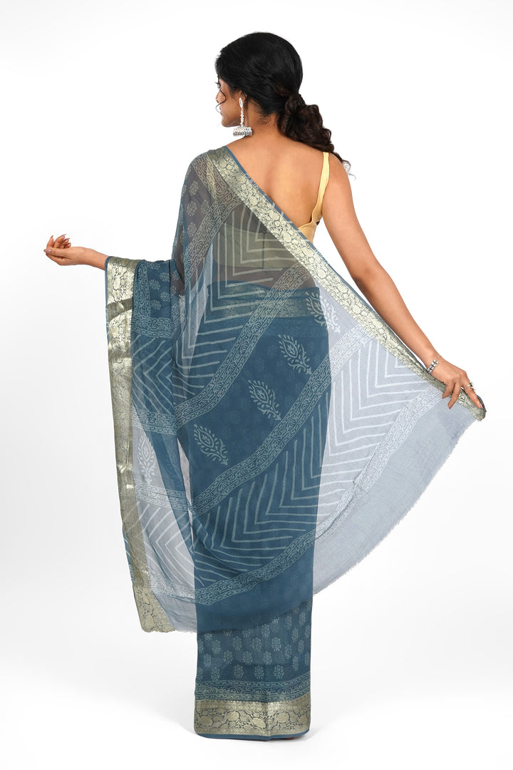 Indigo Dream Block Print Chiffon Saree