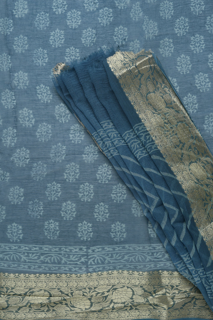 Indigo Dream Block Print Chiffon Saree
