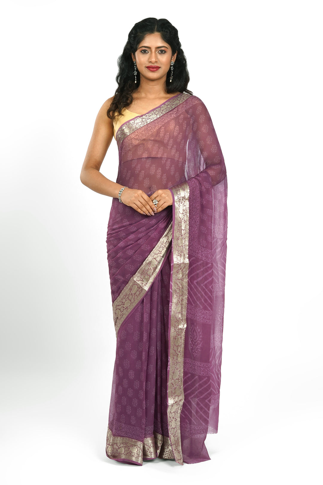 Mystic Mauve Block Print Chiffon Saree