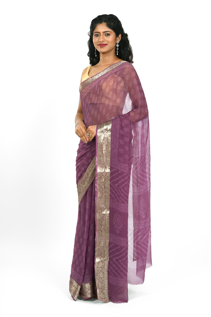 Mystic Mauve Block Print Chiffon Saree