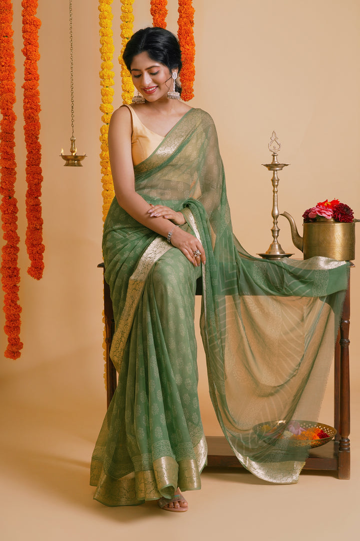 Olive Oasis Block Print Chiffon Saree