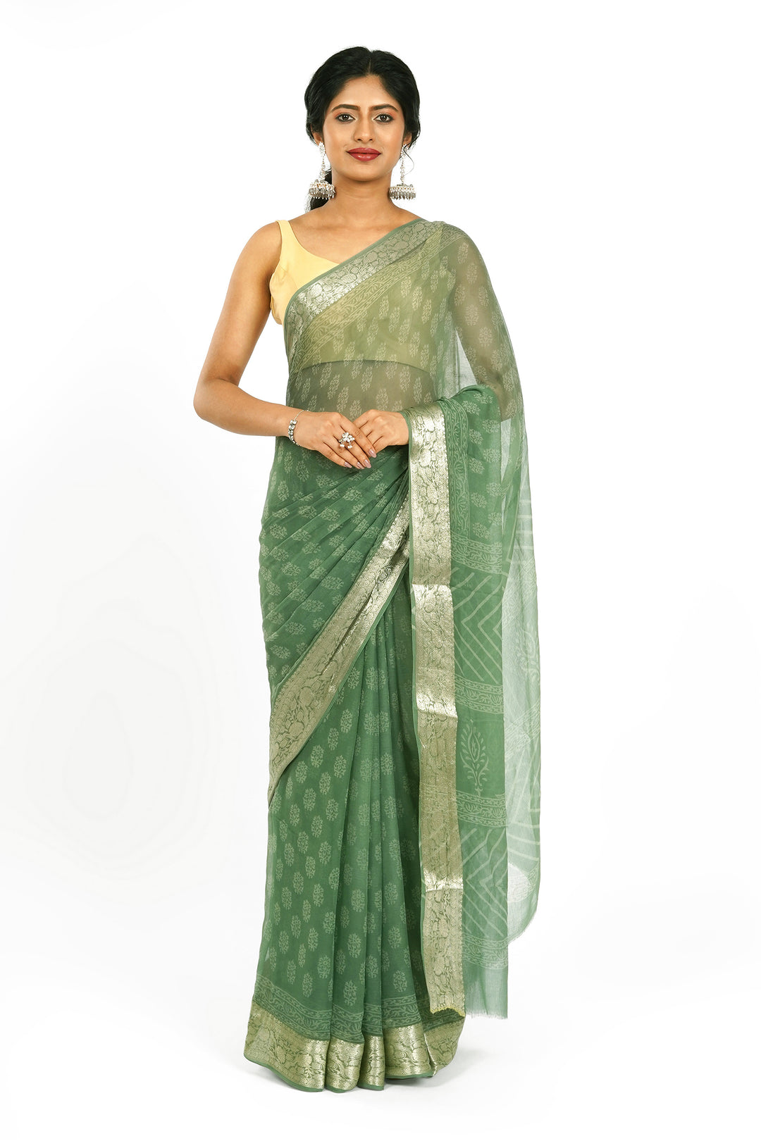 Olive Oasis Block Print Chiffon Saree