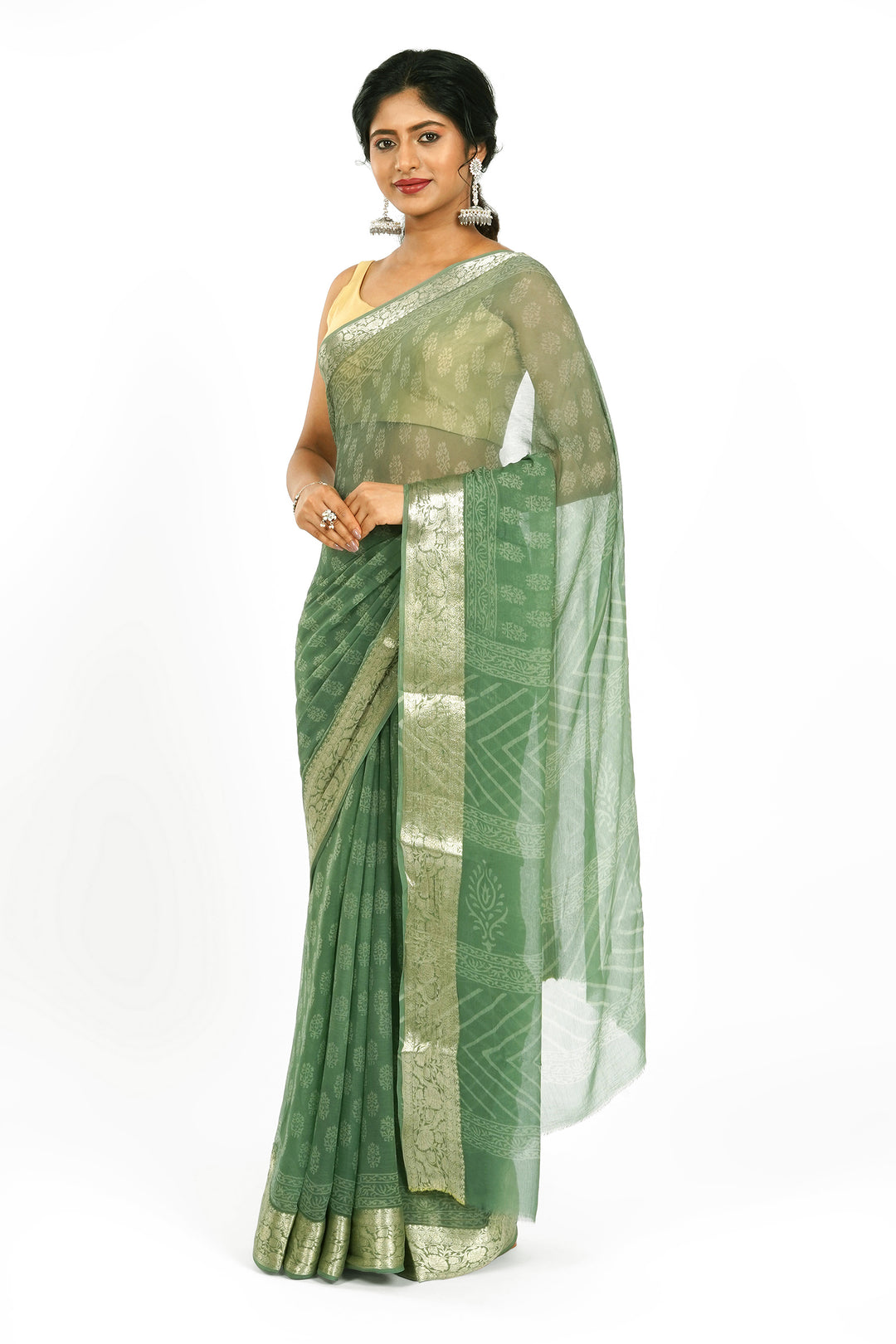 Olive Oasis Block Print Chiffon Saree